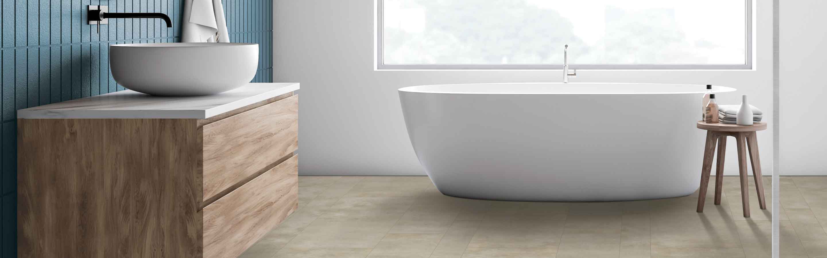 Bathroom with vinyl flooring and large soaking tub